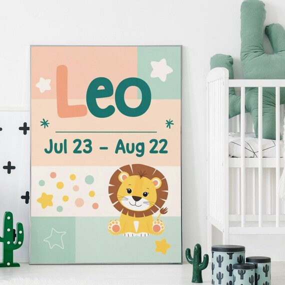Leo Zodiac Nursery Print Boho Baby Lion Pastel Star Sign Room