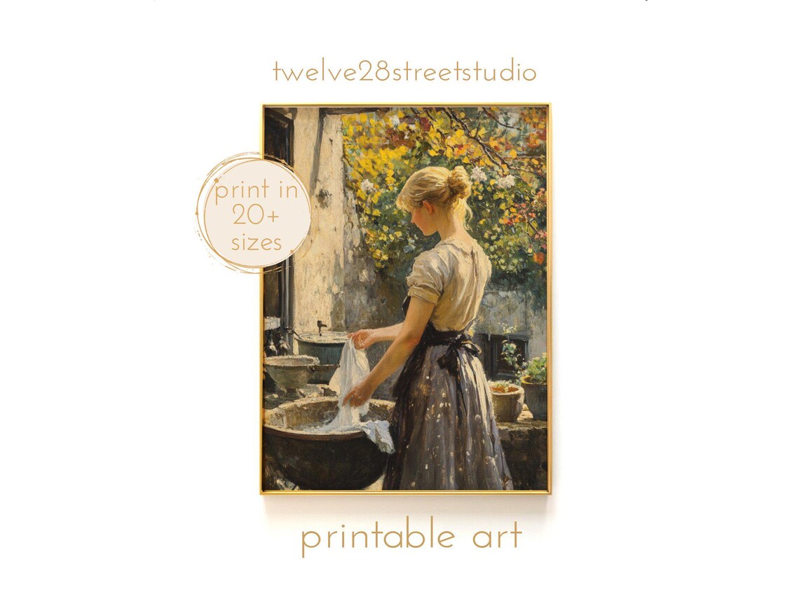 Laundry Day Oil Painting, Vintage Wall Art Print