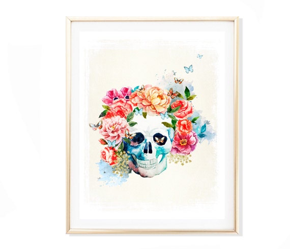Watercolor Skull Floral Art Print, Gothic Decor