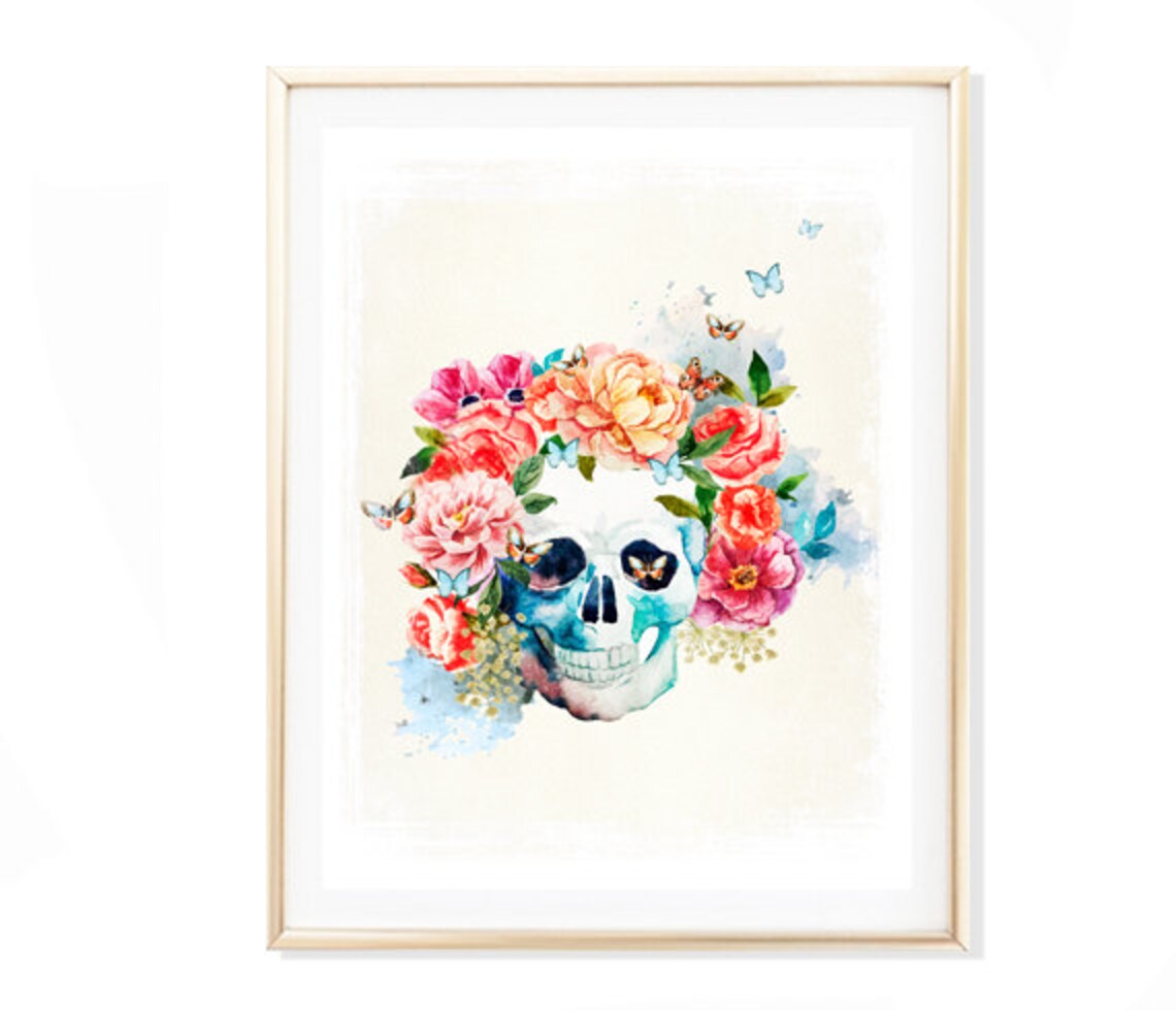 Watercolor Skull Floral Art Print, Gothic Decor