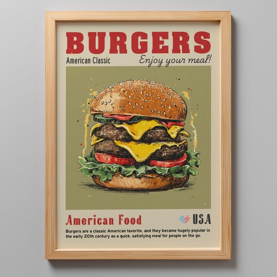 Burgers American Classic Double Cheeseburger Retro Diner Poster