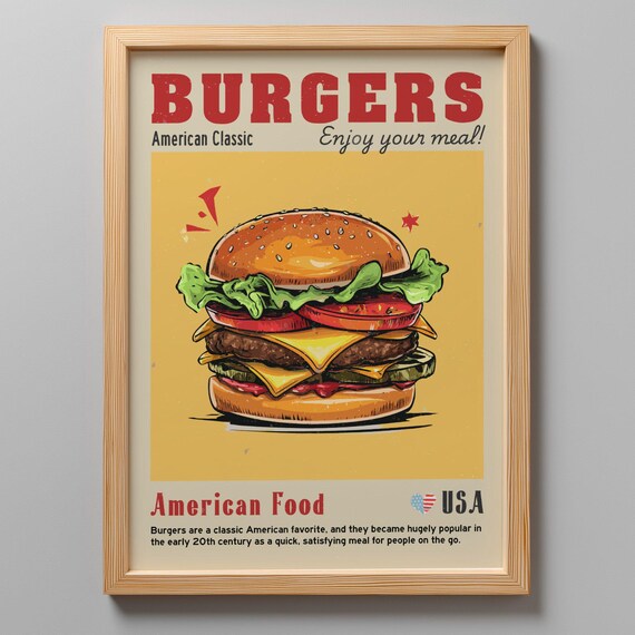 Burgers American Classic Cheeseburger Retro Kitchen Wall Decor Poster
