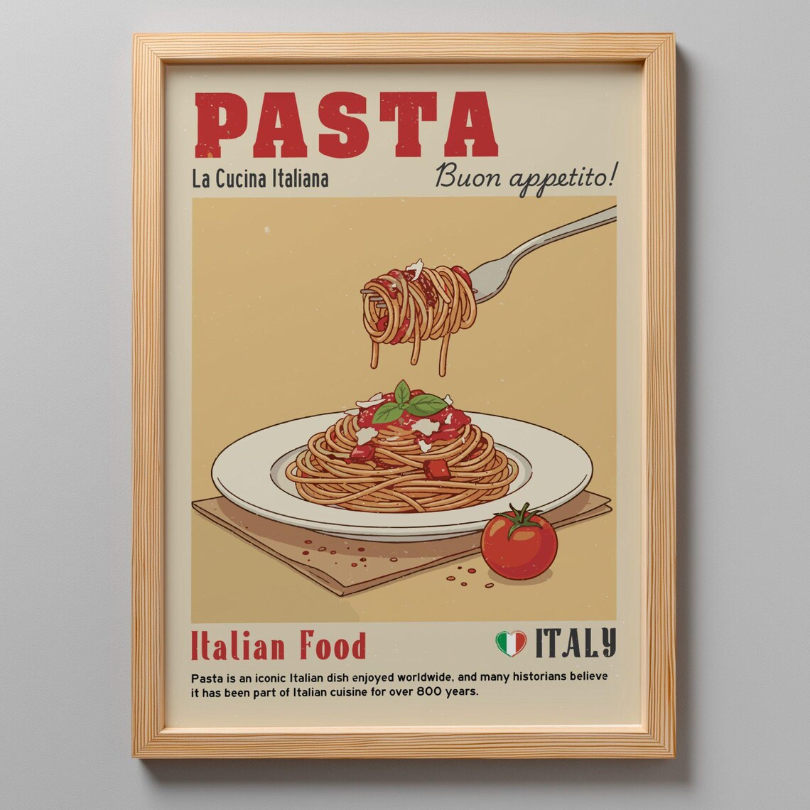 Pasta La Cucina Italiana Spaghetti Fork Retro Food Illustration Poster