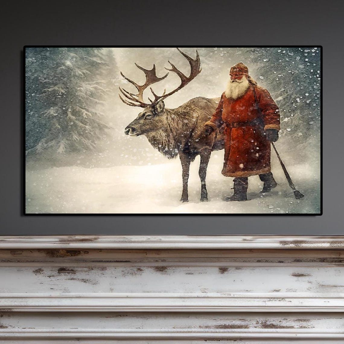 Vintage Santa Claus With Reindeer in a Snowy Forest Christmas Wall Art
