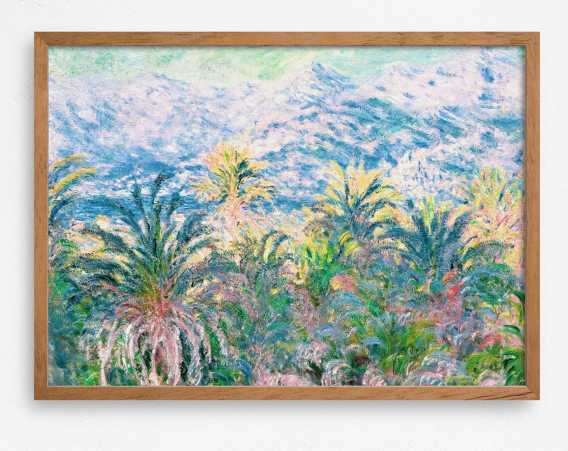 Impressionist Palm Grove Blue Mountains Lush Tropical Vintage Wall Art