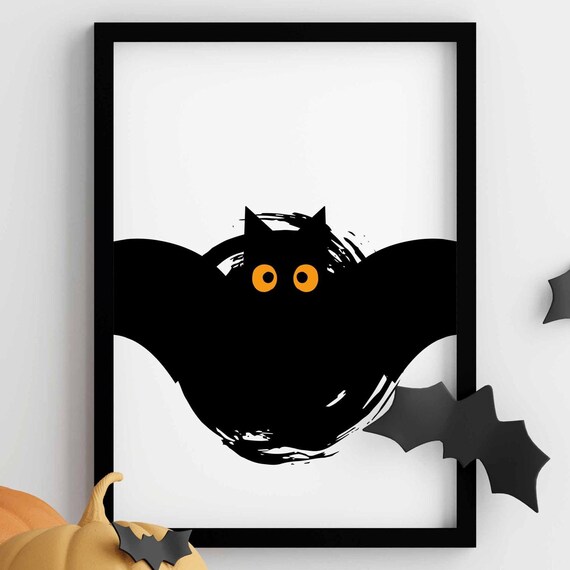 Cute Minimalist Black Bat Halloween Illustration Orange Eyes Poster