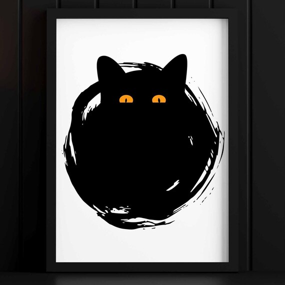 Minimalist Black Cat Face Halloween Illustration Cute Orange Eyes Poster