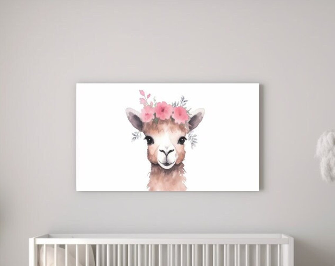 Baby Alpaca with Pink Flower Crown Watercolor Nursery Poster