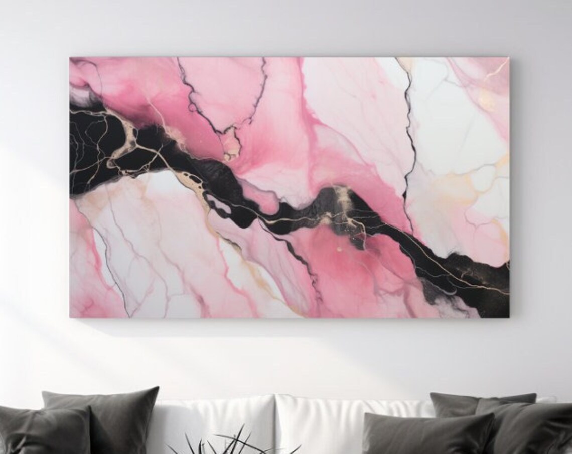 Pink Black and Gold Marble Abstract Bold Contrast Veins Wall Art