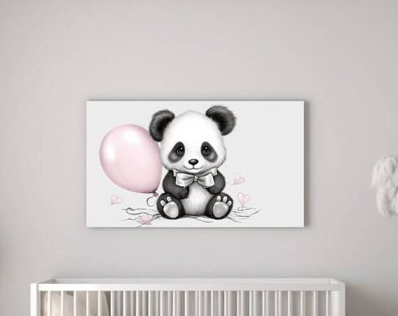 Sweet Baby Panda Pink Balloon Bow Tie Monochrome Nursery Wall Art Print