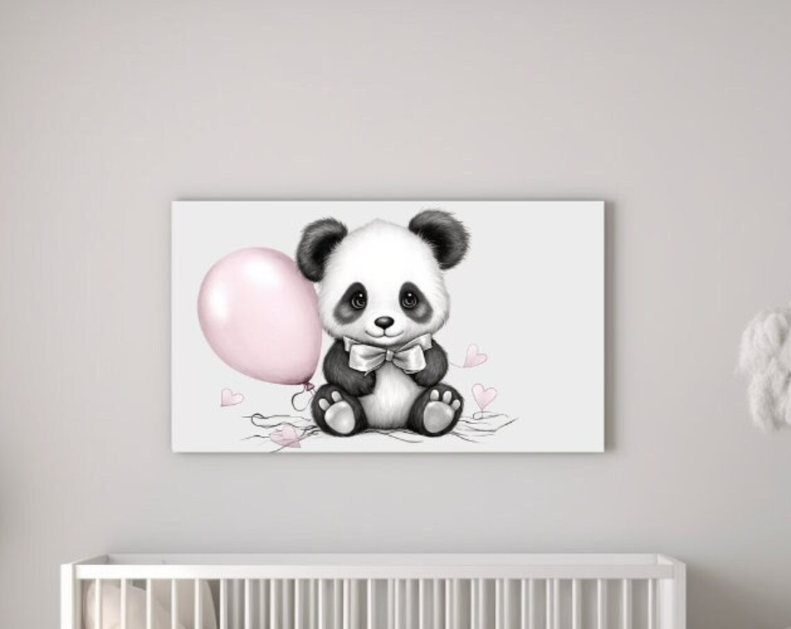 Sweet Baby Panda Pink Balloon Bow Tie Monochrome Nursery Wall Art Print