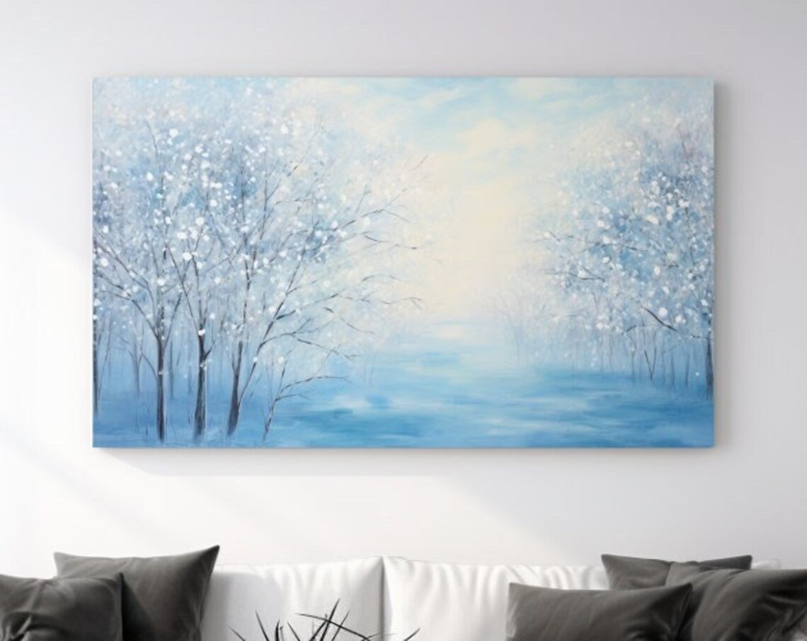 Dreamy Soft Blue Snowy Forest Watercolor Winter Trees Wall Art