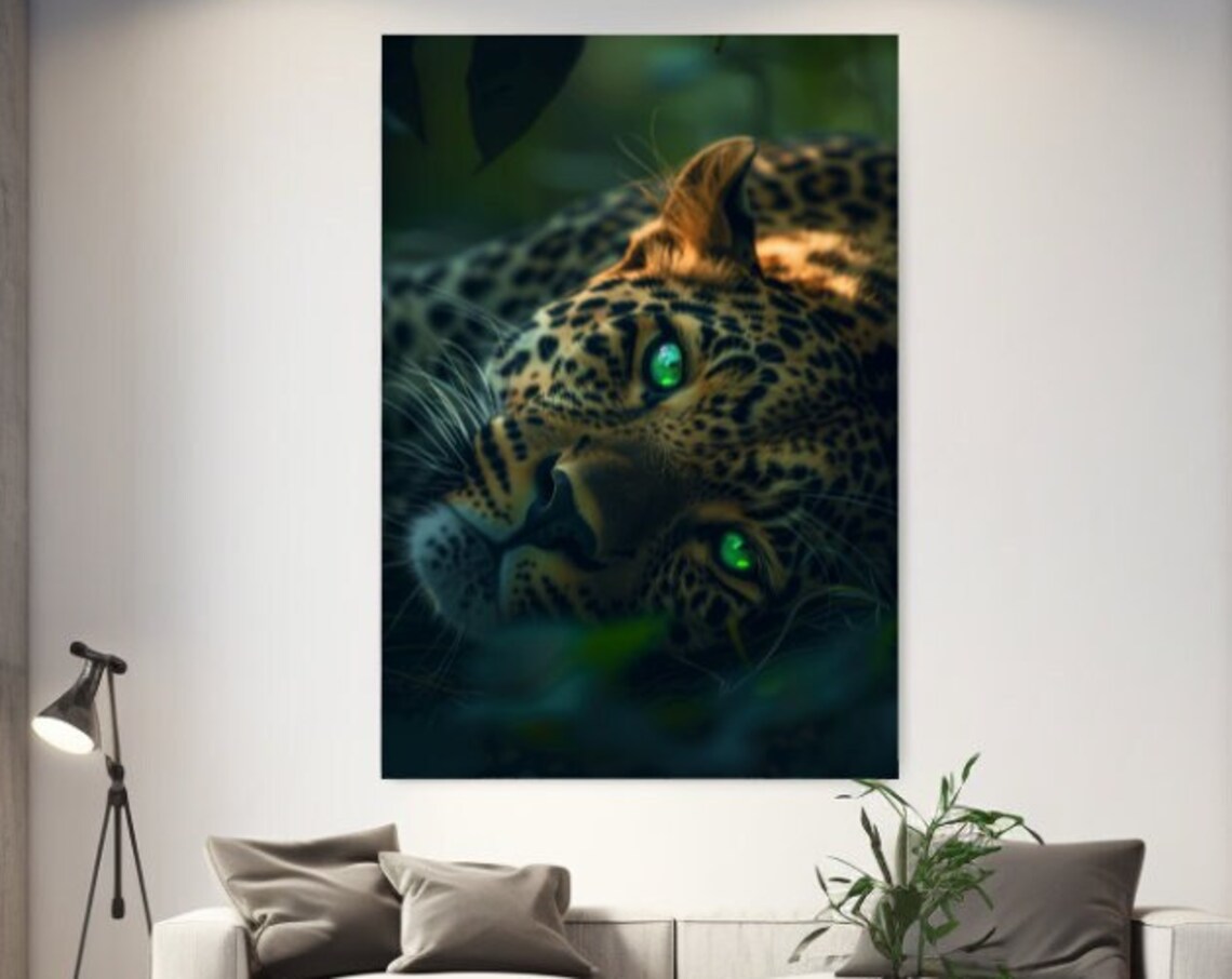 Leopard Close Up Glowing Green Eyes Dark Jungle Wildlife Portrait Wall Art