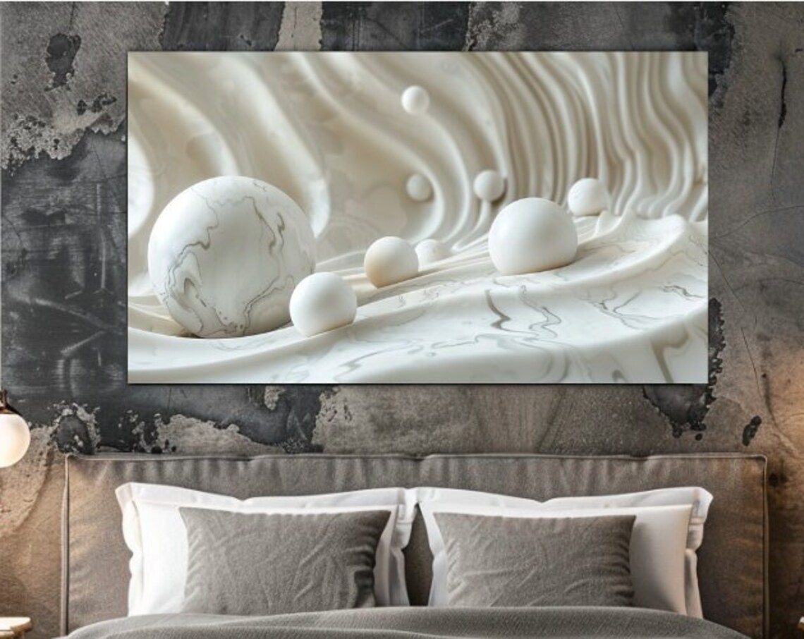 White Marble Spheres On Silky Swirls Abstract 3D Serene Luxury Poster