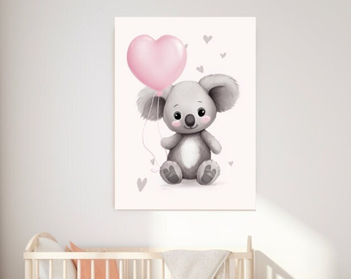 Cute Baby Koala With Pink Heart Balloon Nursery Art Wall Poster