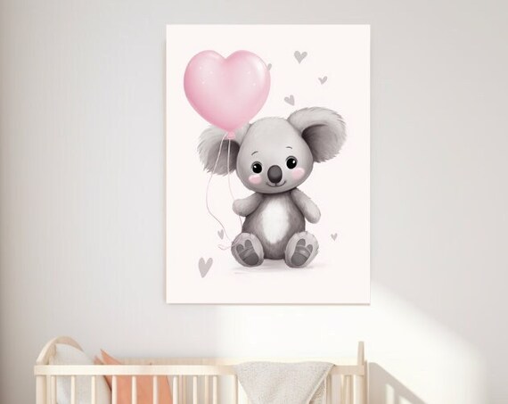 Cute Baby Koala With Pink Heart Balloon Nursery Art Wall Poster