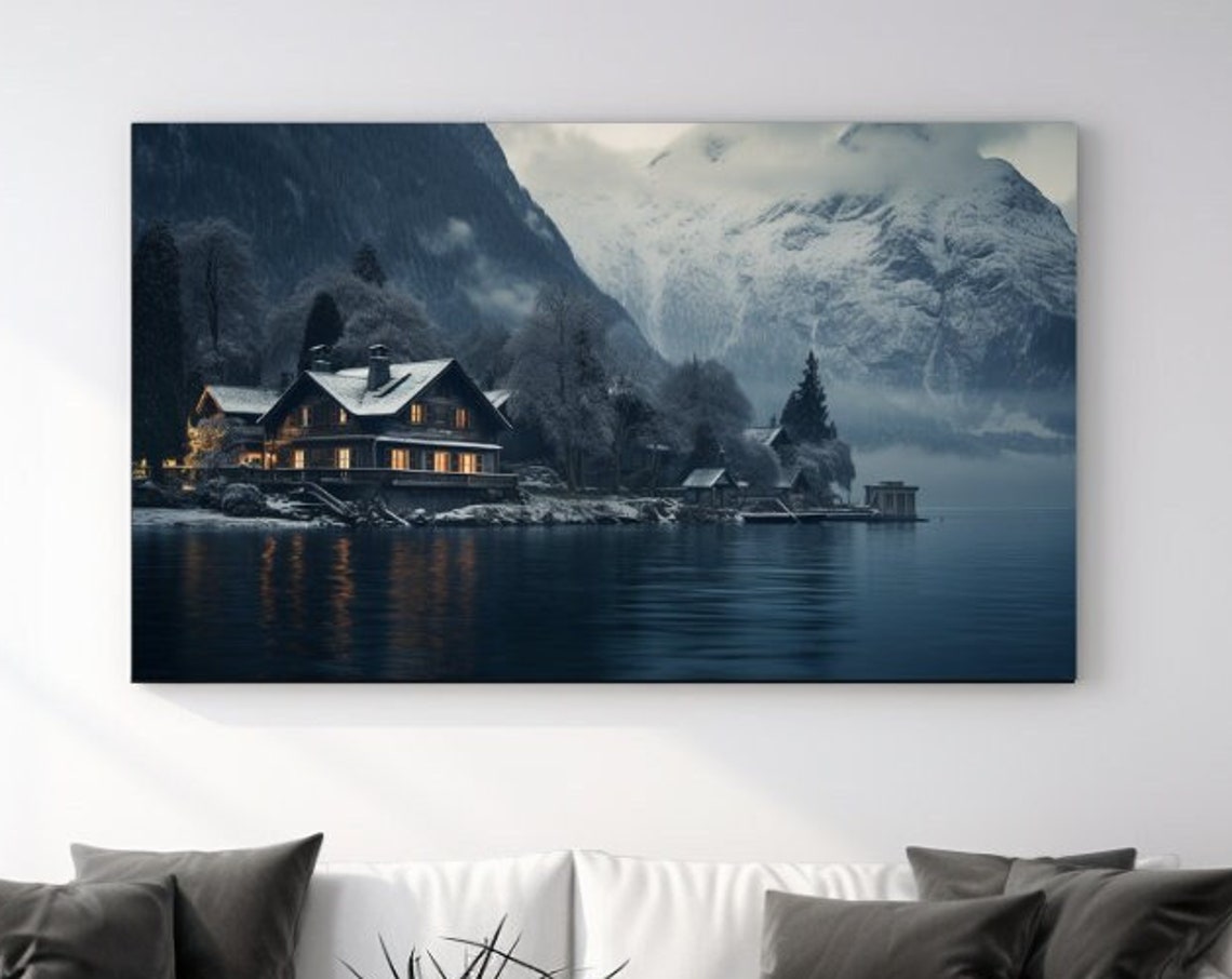 Warm Winter Lodge by Snowy Mountain Lake at Dusk Evening Poster