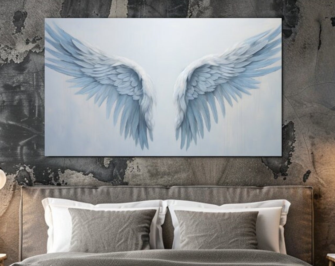 White Blue Angel Wings Soft Feathers Serene Heavenly Art Poster