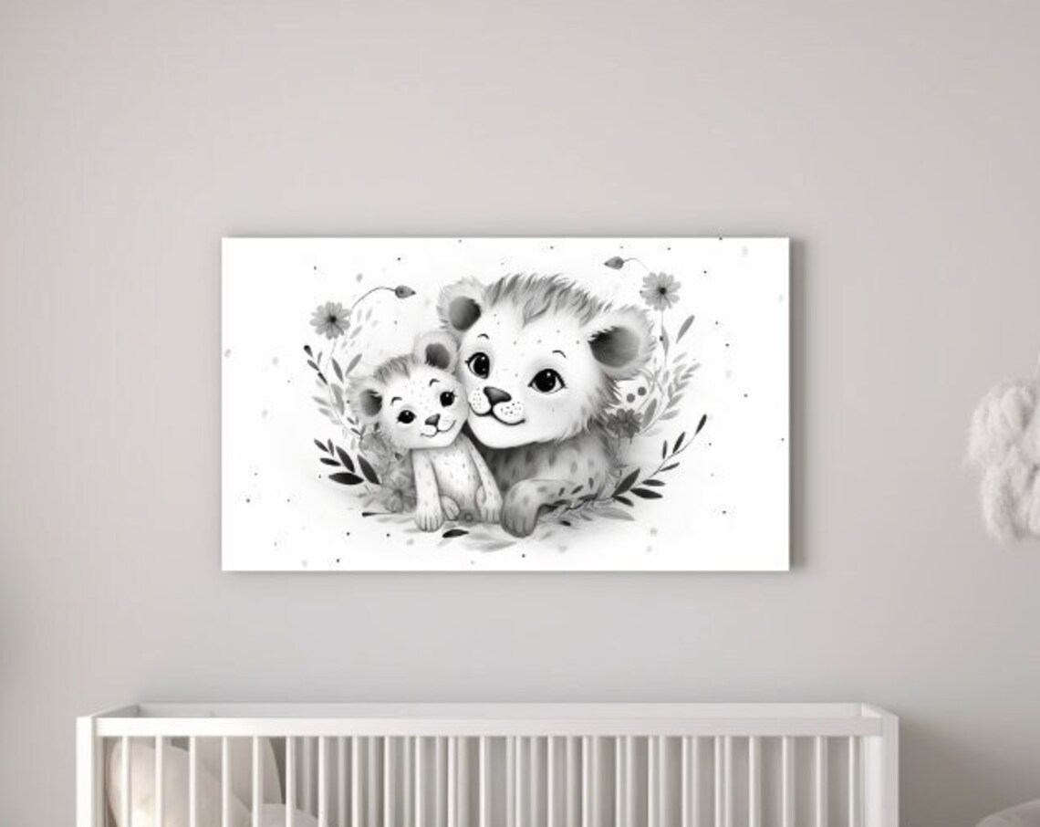 Two Sweet Baby Lion Cubs Hugging Floral Monochrome Nursery Poster