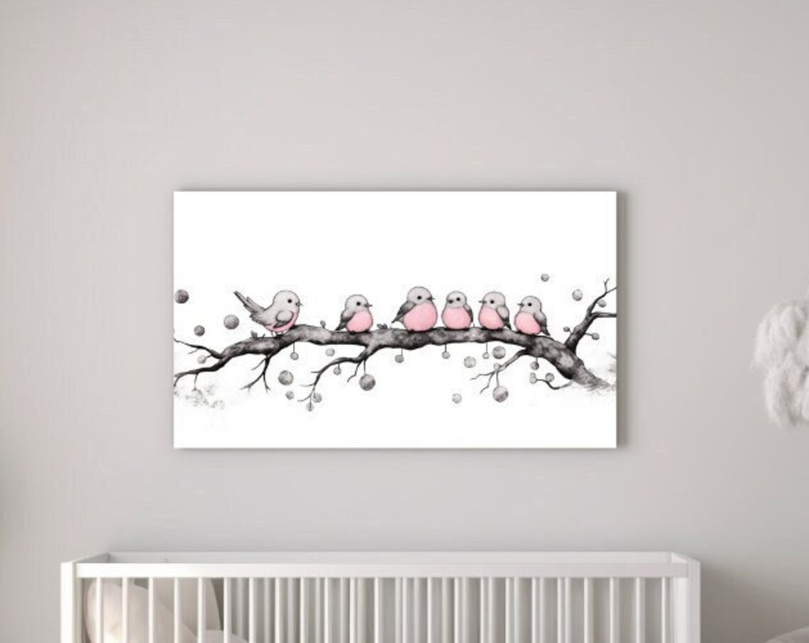 Six Sweet Little Birds on Branch with Pink Bellies Nursery Poster
