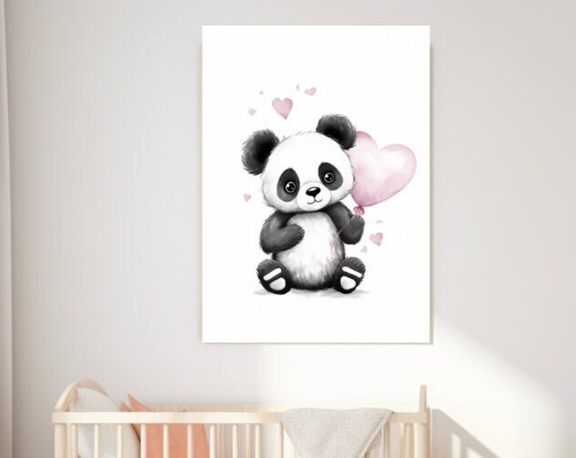 Cute Baby Panda With Pink Heart Balloon Nursery Art Wall Poster
