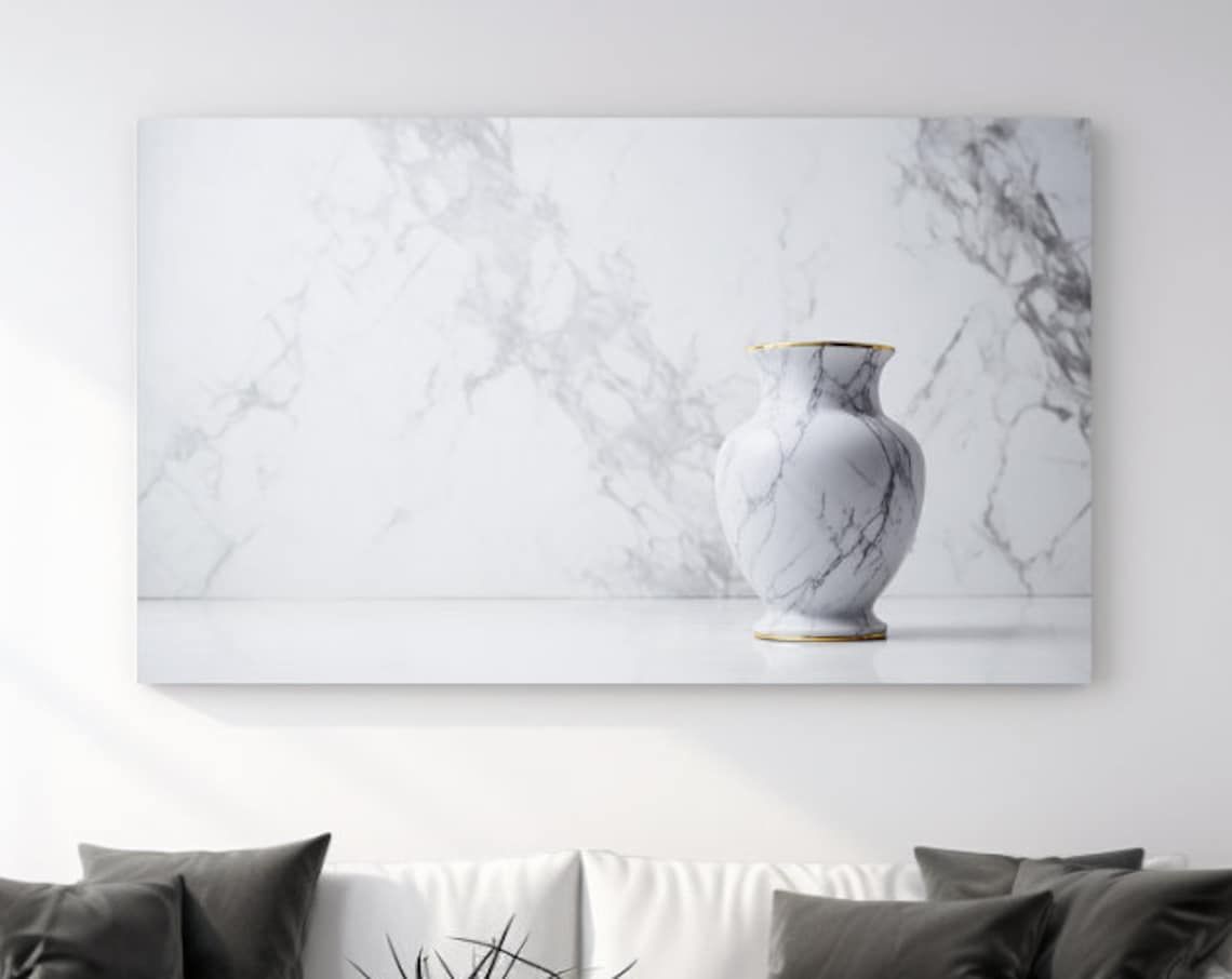 White Marble Vase with Gold Trim Minimalist Still Life Wall Art