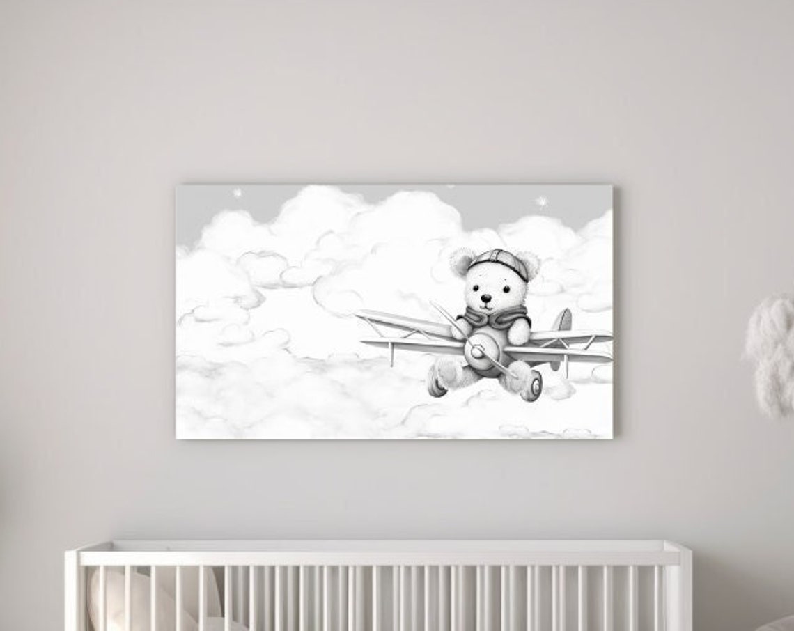 Teddy Bear Pilot Flying Airplane Through Clouds Monochrome Nursery Art