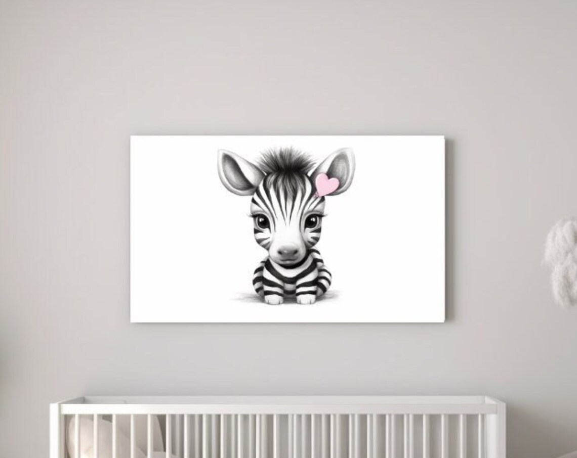 Sweet Baby Zebra Pink Heart Nursery Monochrome Black White Wall Art Print
