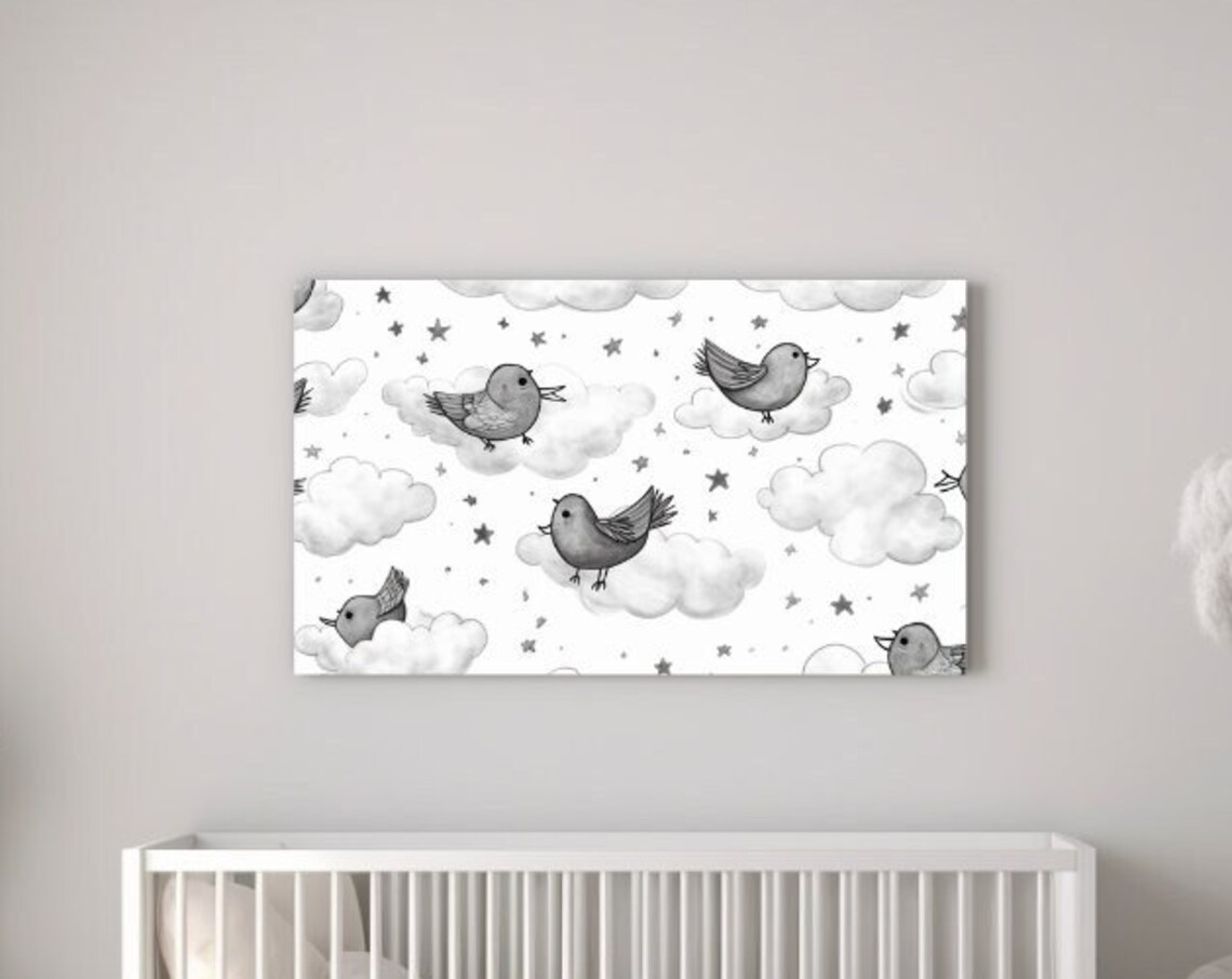 Birds Flying Among Clouds And Stars Dreamy Nursery Wall Art Poster