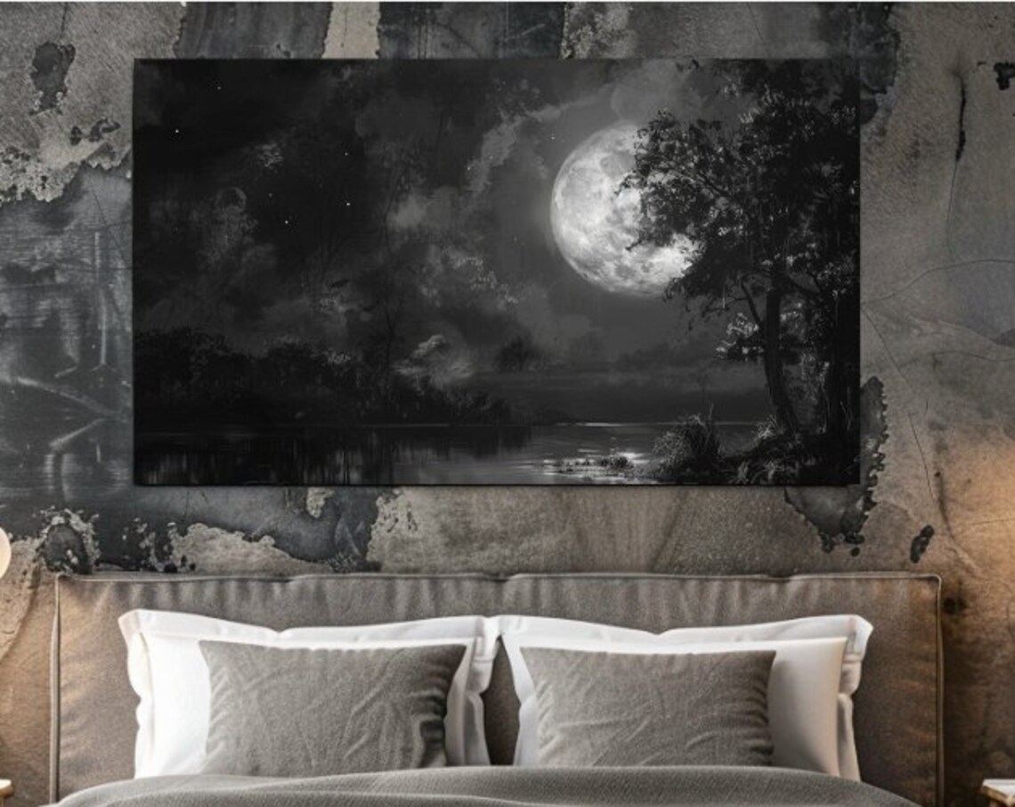 Full Moon Over Dark Lake Night Trees Monochrome Moody Night Poster