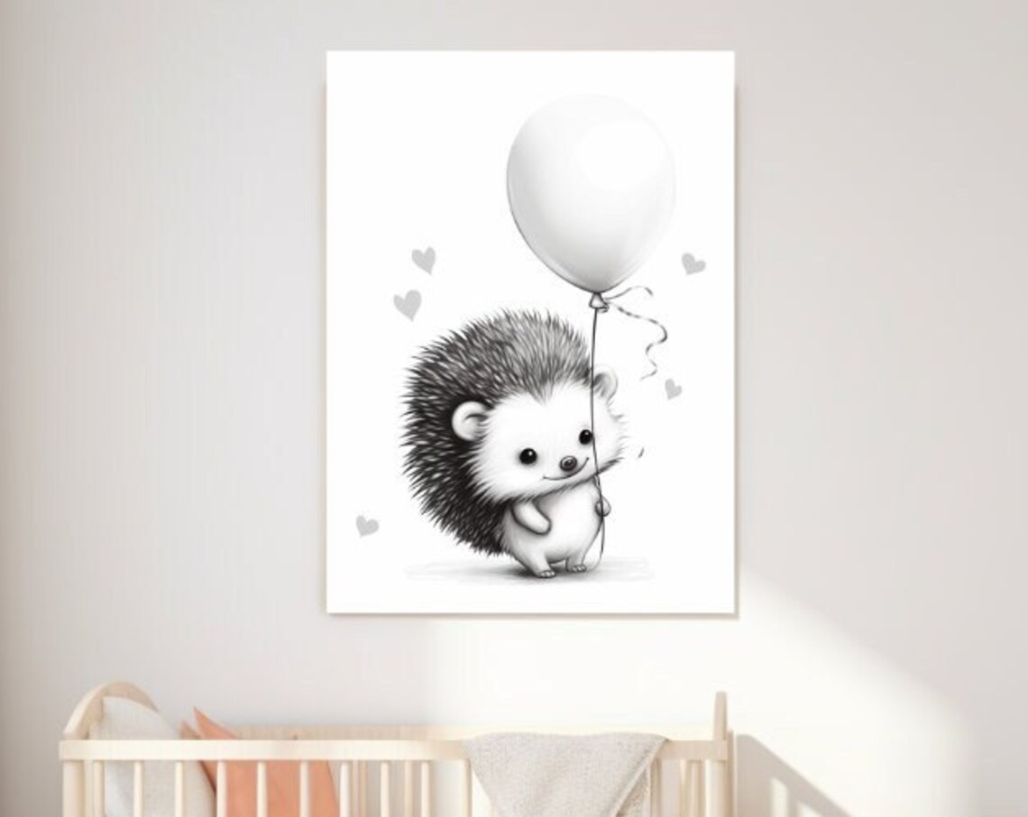 Cute Baby Hedgehog With White Balloon Sketch Nursery Art Poster