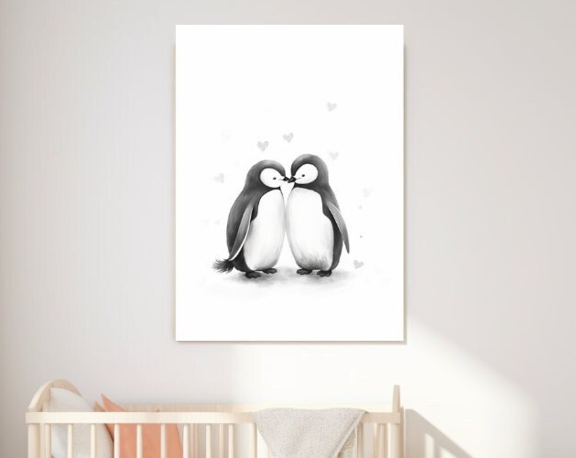Two Cute Penguins Kissing With Hearts Nursery Love Art Poster