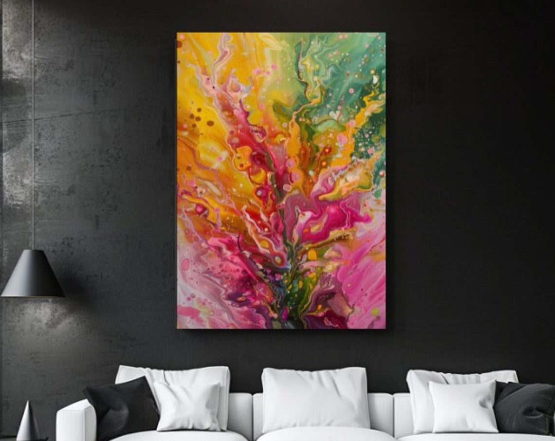 Vibrant Pink Orange Green Fluid Abstract Energy Burst Wall Art
