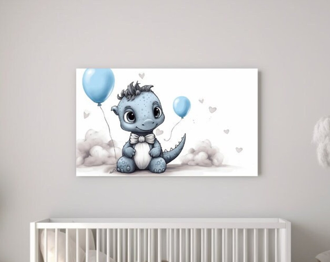 Baby Boy Dinosaur With Blue Balloons Cute Nursery Wall Art Poster