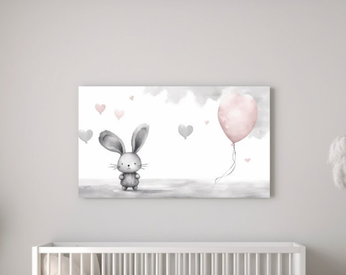 Cute Bunny With Pink Balloon Hearts Monochrome Nursery Wall Art Print
