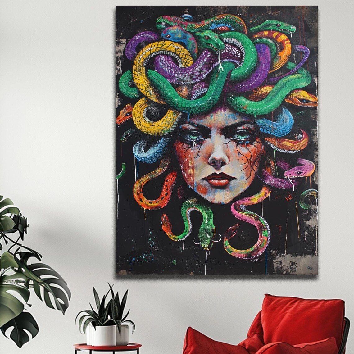 Medusa Snake Hair Wall Art in Bold Graffiti Style with Vivid Colors
