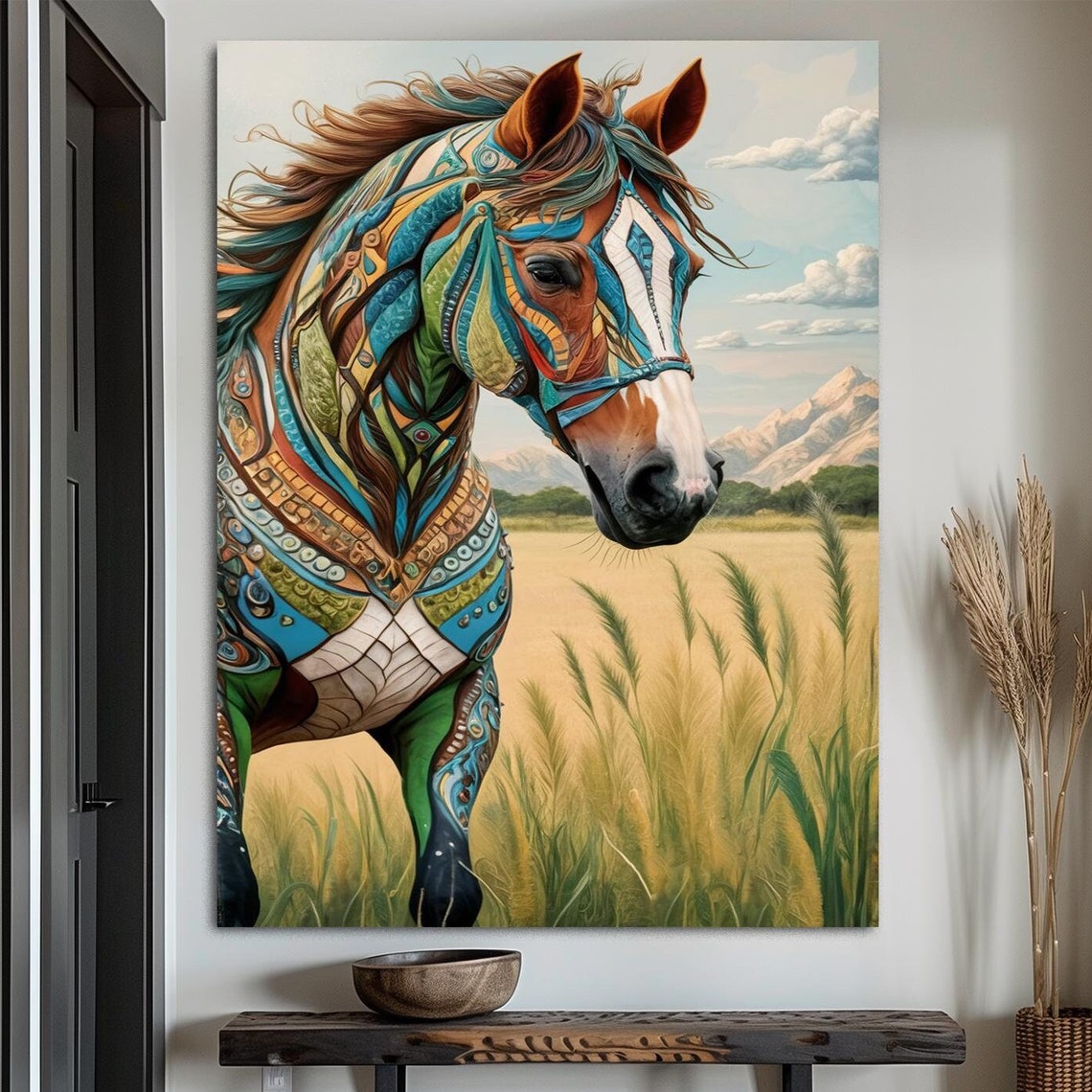 Tribal Painted Horse Wall Art with Geometric Patterns in Wheat Field