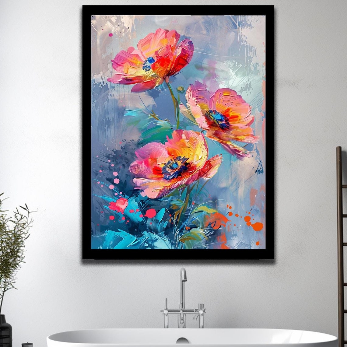 Vibrant Coral Poppy Blooms Bold Abstract Floral Botanical Wall Print