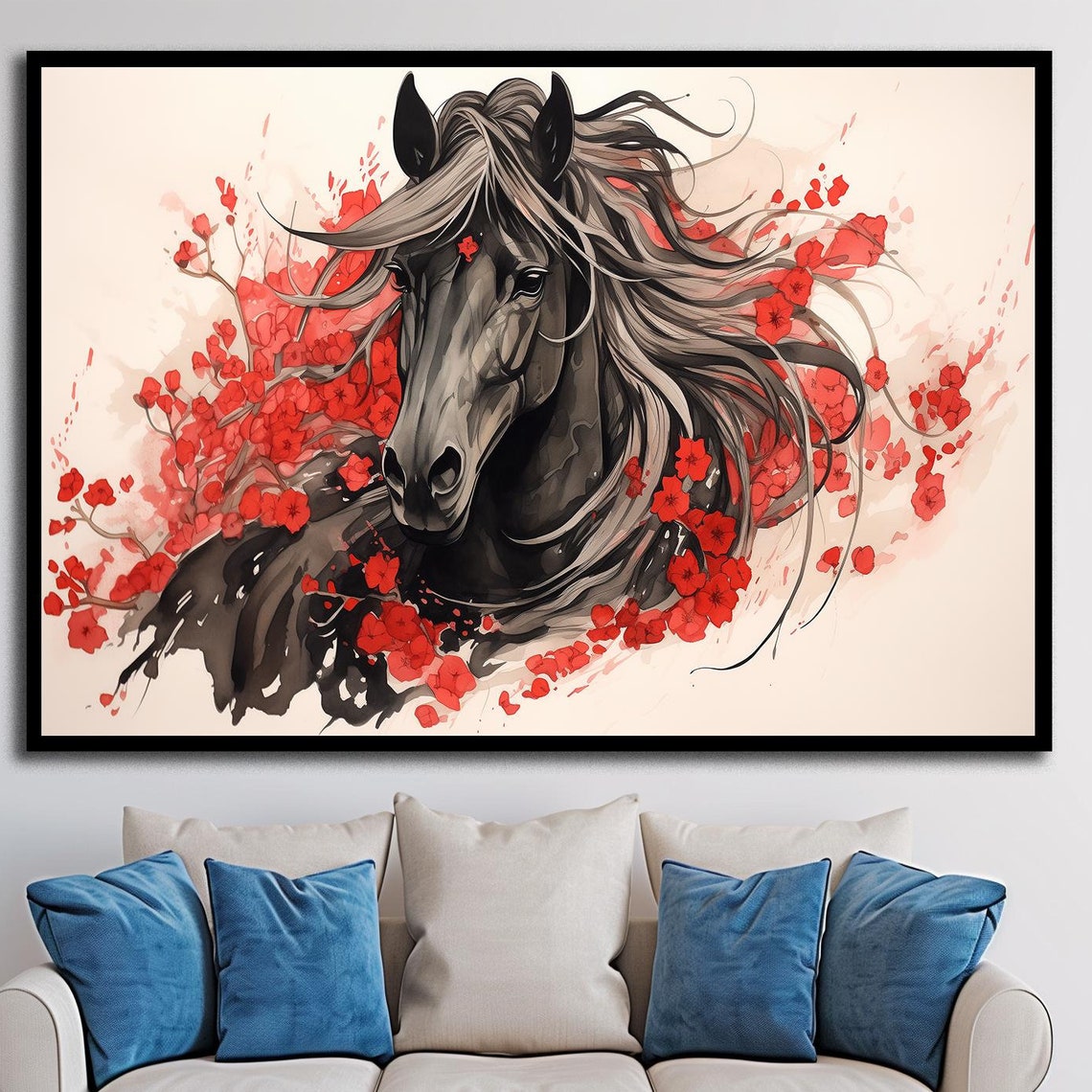 Black Horse Flowing Mane Red Flowers Ink Portrait Elegant Wall Art