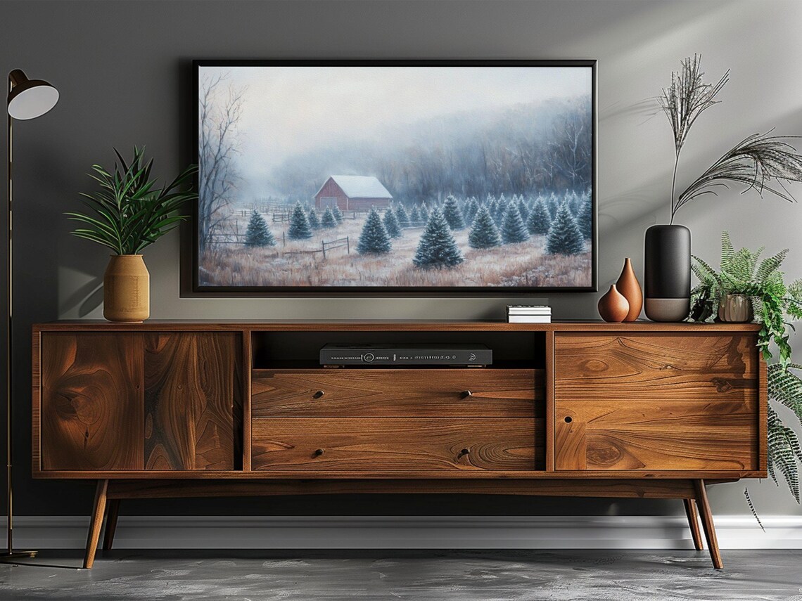 Christmas Tree Farm Red Barn Snowy Mist Winter Holiday Art Print - Image 3