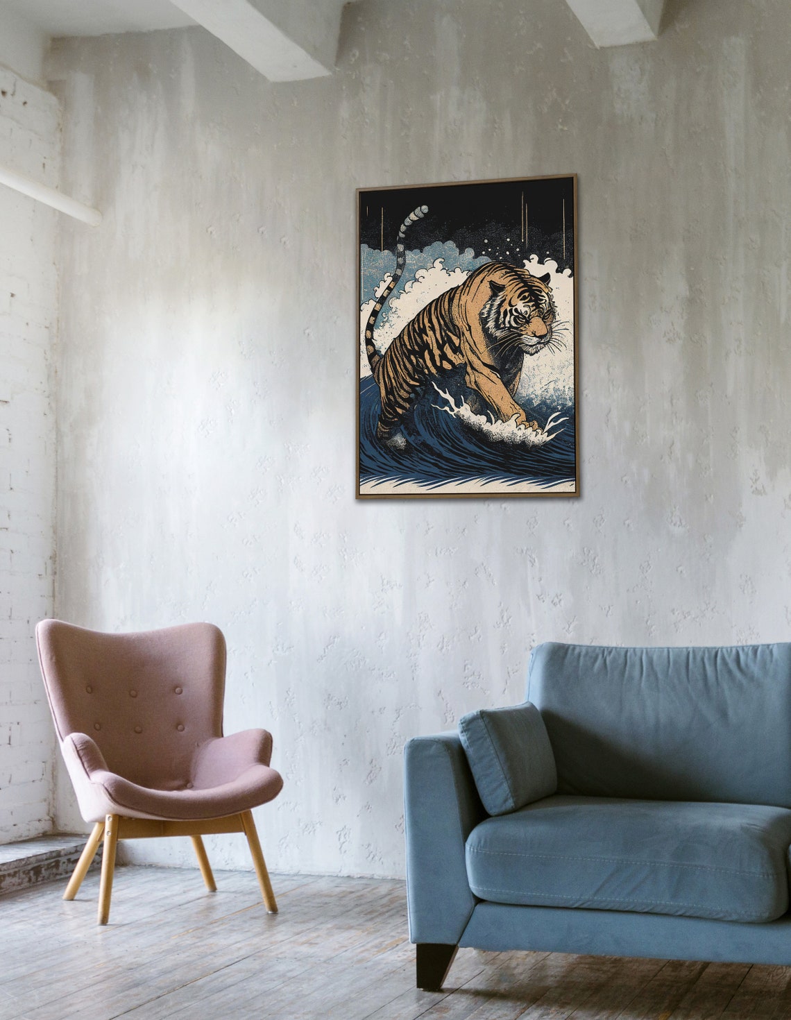 Fierce Tiger Emerging From Dark Ocean Waves Japanese Art Poster - Image 3