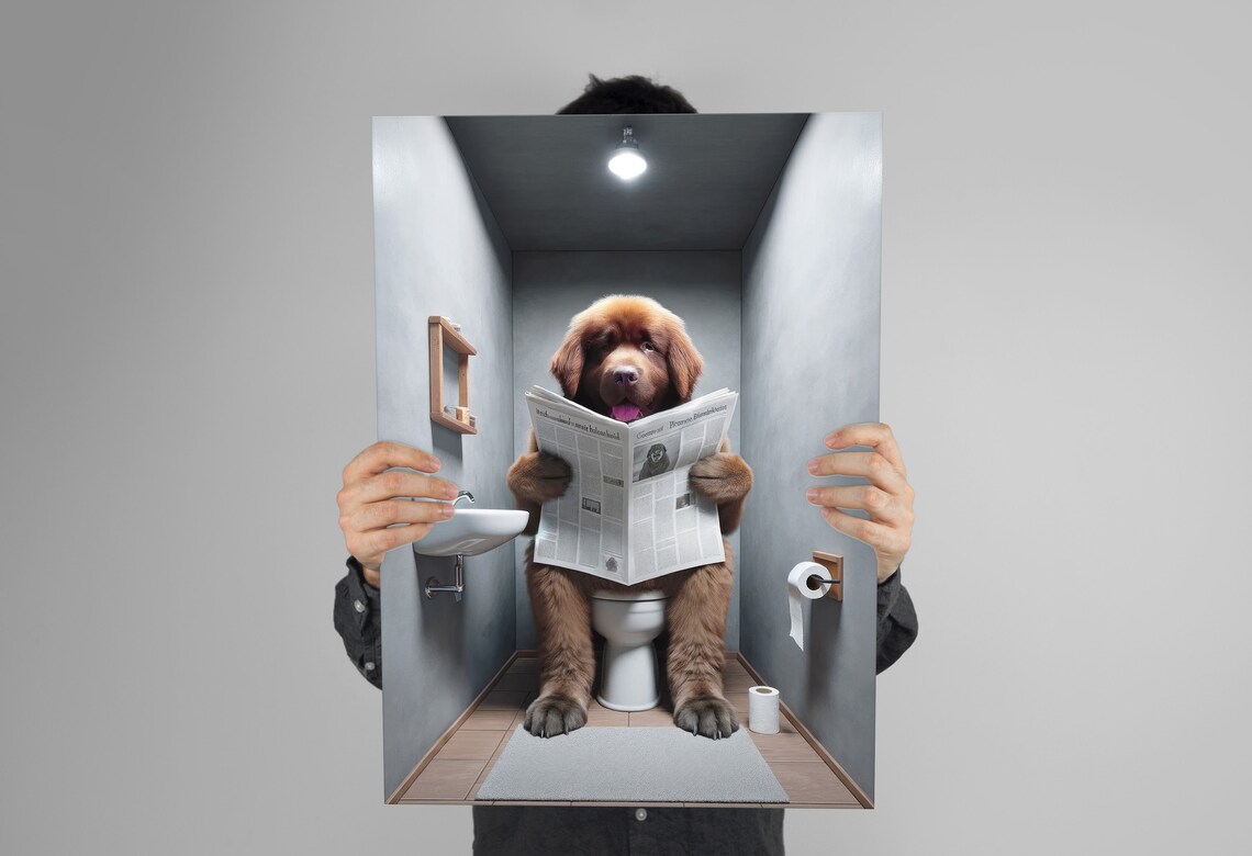 Brown Newfoundland Reading Newspaper Bathroom Poster - Image 3