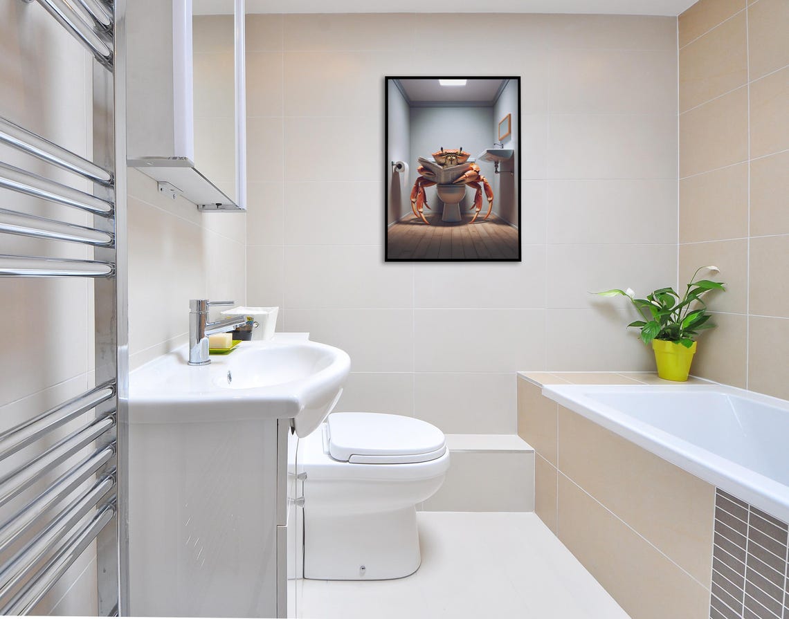 Red Crab Reading Newspaper On The Toilet Funny Bathroom Poster - Image 2