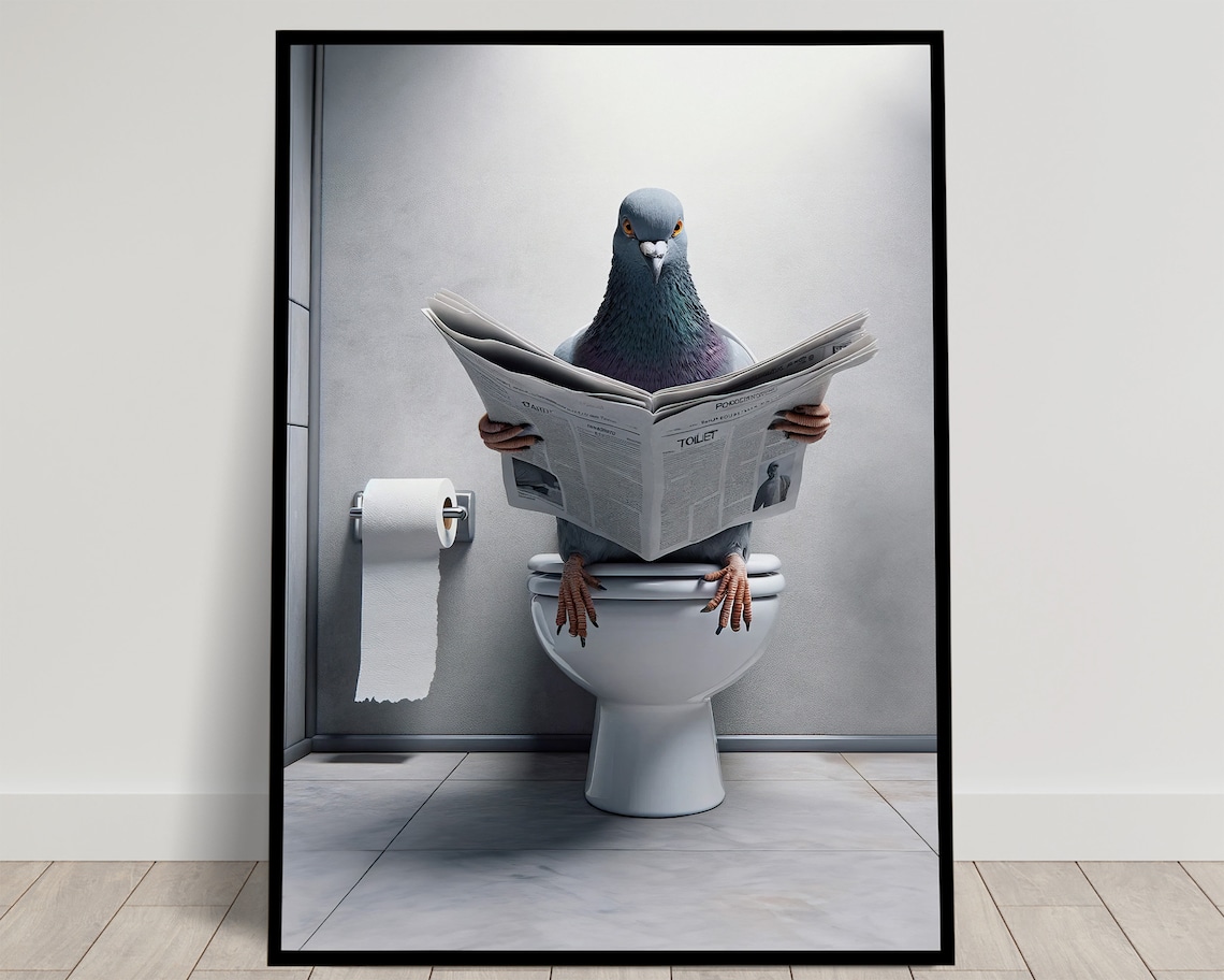 Funny Pigeon Reading Newspaper On Toilet Quirky Bathroom Bird Humor Poster
