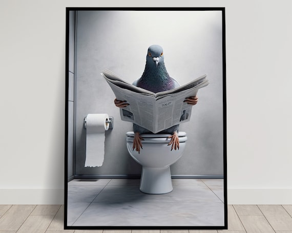 Funny Pigeon Reading Newspaper On Toilet Quirky Bathroom Bird Humor Poster