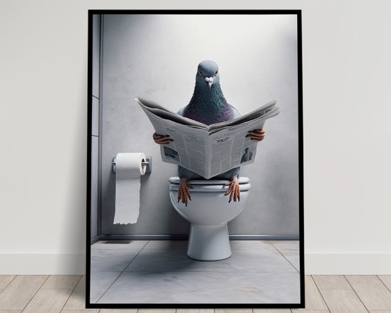 Photograph Of A Pigeon Reading The Newspaper On The Toilet Funny Bathroom Decor Bathroom Wall Art Wc Toilet Poster Unique Funny Gift