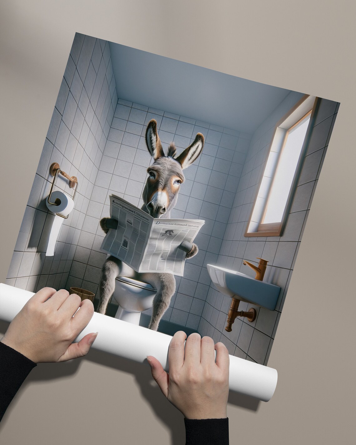 Funny Donkey Reading Newspaper On Toilet Quirky Bathroom Humor Poster - Image 2