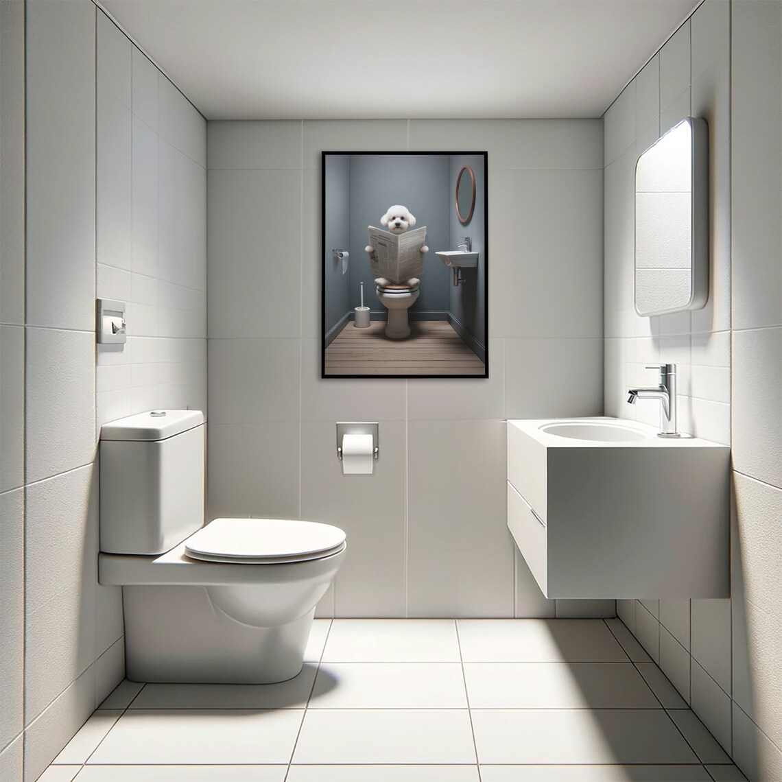Photograph Of A Bichon Fris Reading The Newspaper On The Toilet Funny Bathroom Decor Bathroom Wall Art Wc Toilet Poster Gag Gift - Image 4