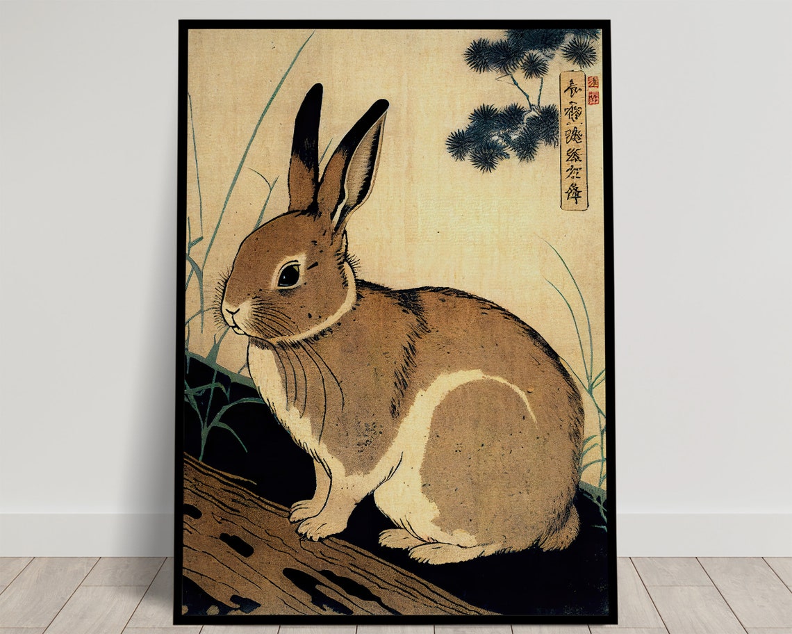 Rabbit in Japanese Ukiyo E Style Vintage Illustration Art Poster