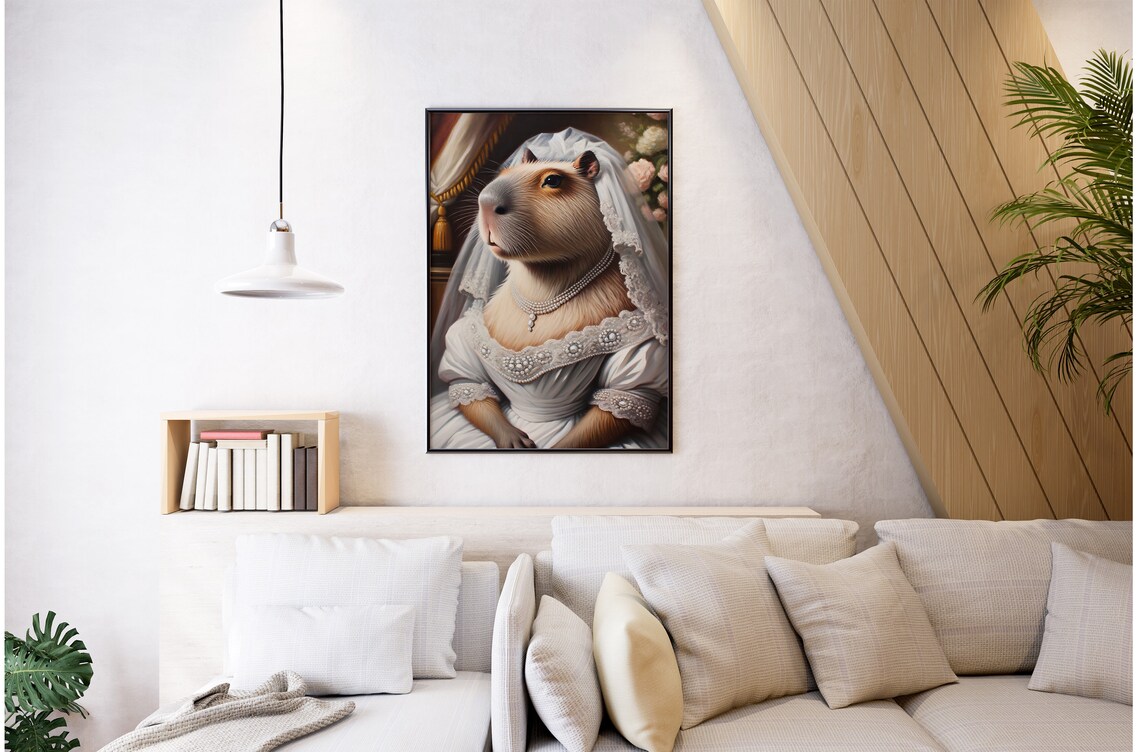 Capybara Bride with Pearl Necklace and Roses Romantic Animal Portrait Poster - Image 3